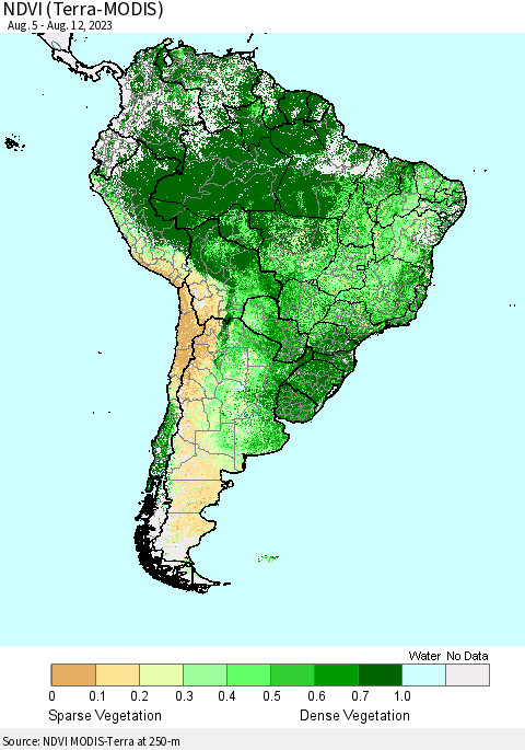 South America NDVI (Terra-MODIS) Thematic Map For 8/5/2023 - 8/12/2023