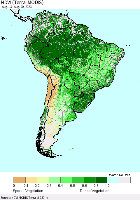 South America NDVI (Terra-MODIS) Thematic Map For 8/13/2023 - 8/20/2023