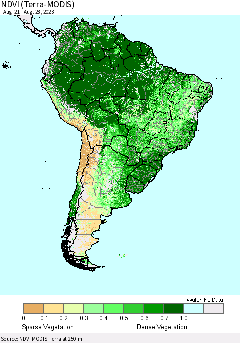 South America NDVI (Terra-MODIS) Thematic Map For 8/21/2023 - 8/28/2023