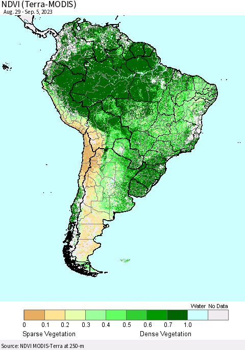 South America NDVI (Terra-MODIS) Thematic Map For 8/29/2023 - 9/5/2023