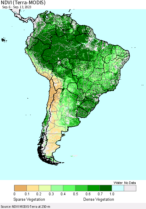 South America NDVI (Terra-MODIS) Thematic Map For 9/6/2023 - 9/13/2023