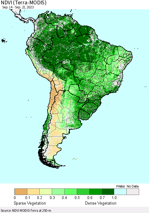 South America NDVI (Terra-MODIS) Thematic Map For 9/14/2023 - 9/21/2023