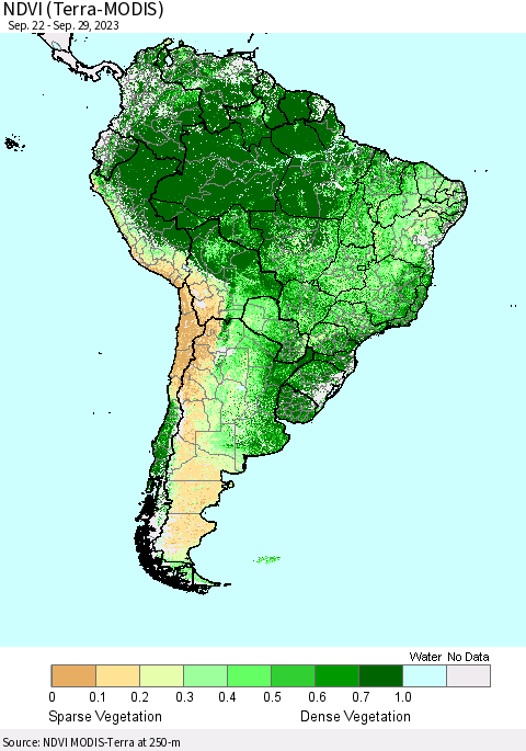 South America NDVI (Terra-MODIS) Thematic Map For 9/22/2023 - 9/29/2023
