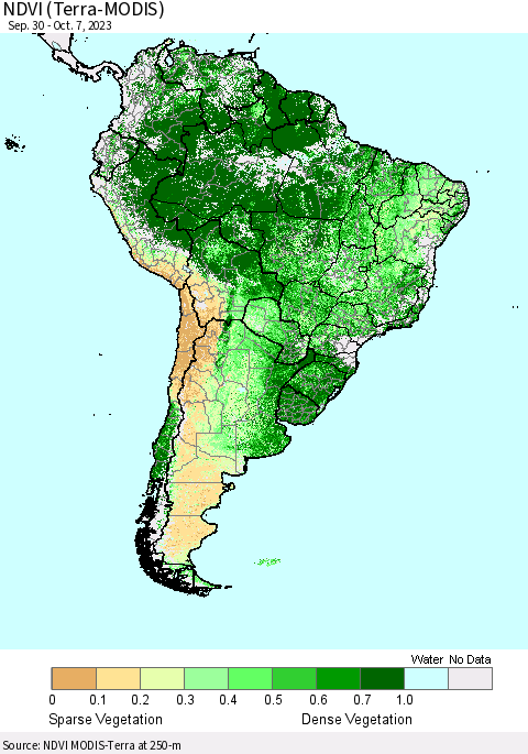 South America NDVI (Terra-MODIS) Thematic Map For 9/30/2023 - 10/7/2023