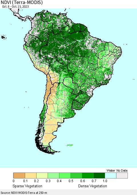 South America NDVI (Terra-MODIS) Thematic Map For 10/8/2023 - 10/15/2023