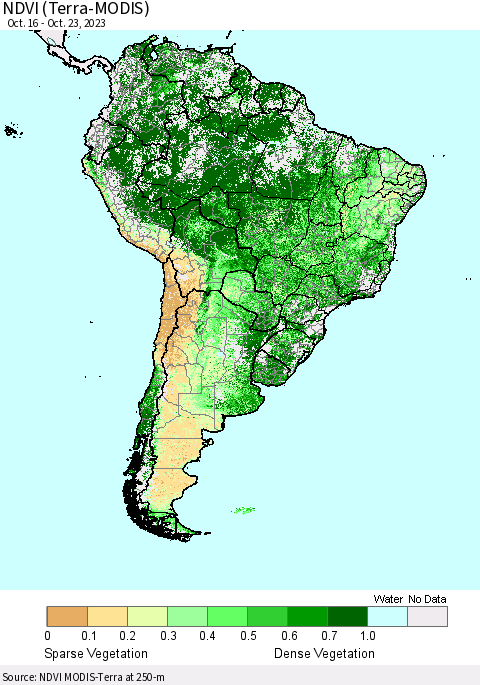 South America NDVI (Terra-MODIS) Thematic Map For 10/16/2023 - 10/23/2023