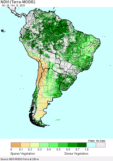 South America NDVI (Terra-MODIS) Thematic Map For 10/24/2023 - 10/31/2023