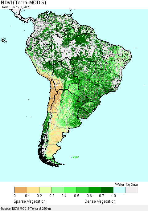 South America NDVI (Terra-MODIS) Thematic Map For 11/1/2023 - 11/8/2023