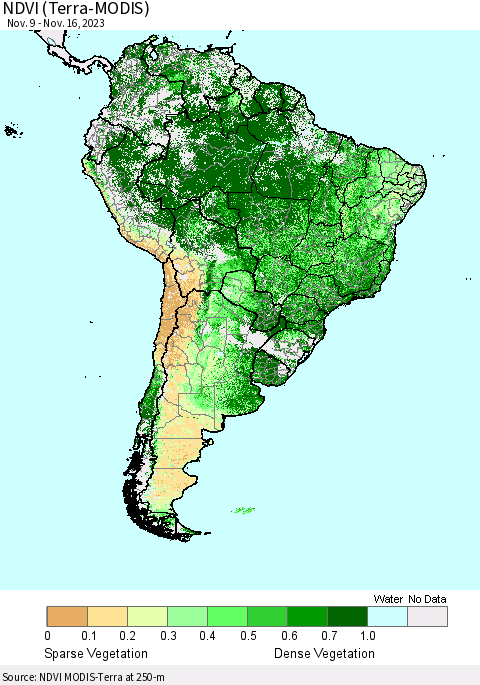 South America NDVI (Terra-MODIS) Thematic Map For 11/9/2023 - 11/16/2023