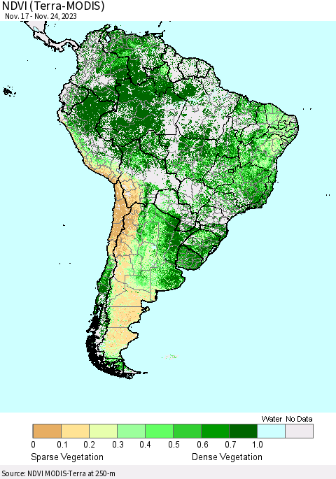 South America NDVI (Terra-MODIS) Thematic Map For 11/17/2023 - 11/24/2023
