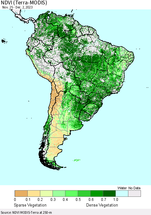 South America NDVI (Terra-MODIS) Thematic Map For 11/25/2023 - 12/2/2023