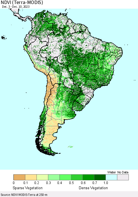 South America NDVI (Terra-MODIS) Thematic Map For 12/3/2023 - 12/10/2023