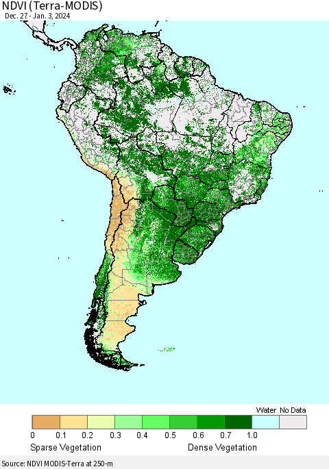 South America NDVI (Terra-MODIS) Thematic Map For 12/27/2023 - 1/3/2024