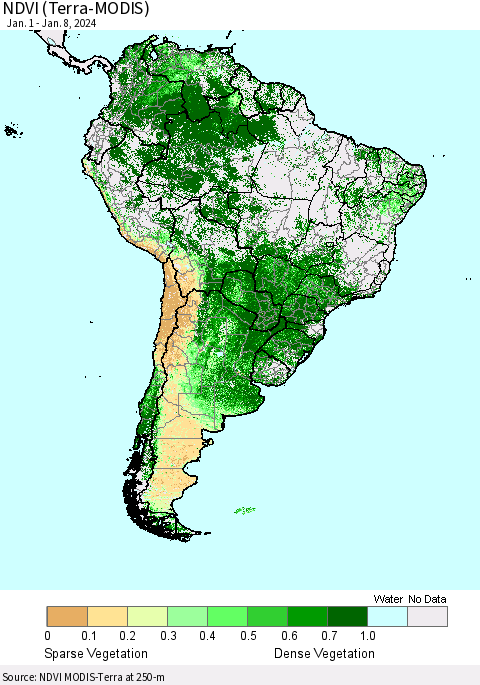 South America NDVI (Terra-MODIS) Thematic Map For 1/1/2024 - 1/8/2024