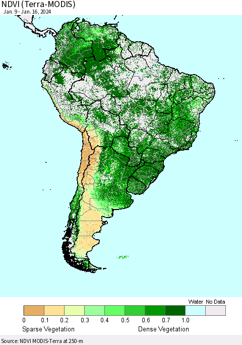 South America NDVI (Terra-MODIS) Thematic Map For 1/9/2024 - 1/16/2024