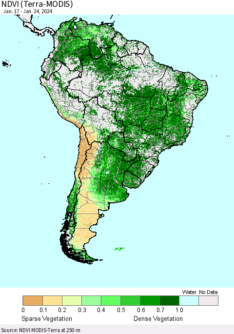 South America NDVI (Terra-MODIS) Thematic Map For 1/17/2024 - 1/24/2024