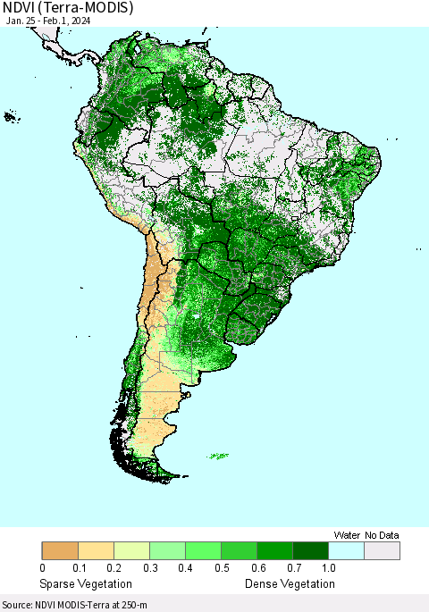 South America NDVI (Terra-MODIS) Thematic Map For 1/25/2024 - 2/1/2024