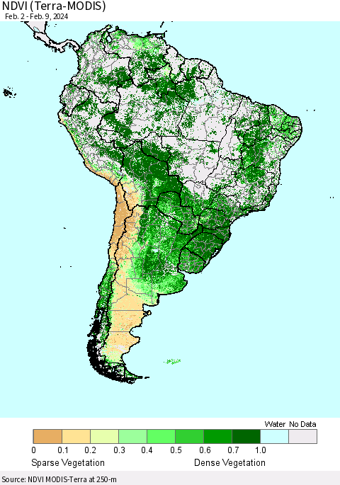 South America NDVI (Terra-MODIS) Thematic Map For 2/2/2024 - 2/9/2024