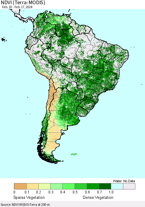 South America NDVI (Terra-MODIS) Thematic Map For 2/10/2024 - 2/17/2024