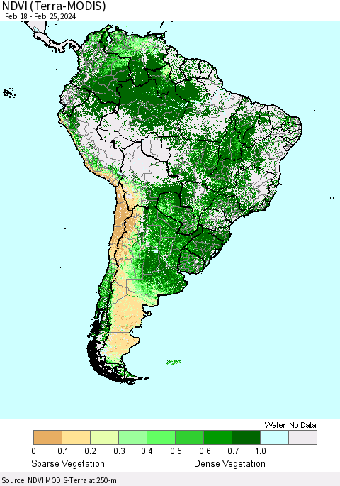 South America NDVI (Terra-MODIS) Thematic Map For 2/18/2024 - 2/25/2024
