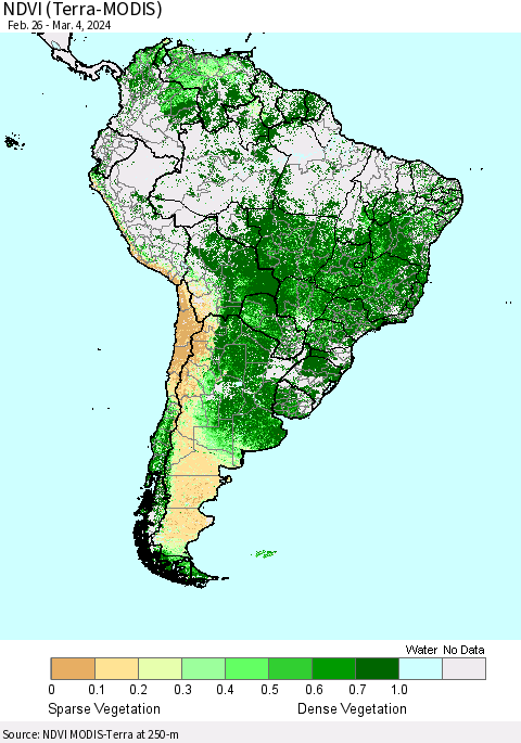 South America NDVI (Terra-MODIS) Thematic Map For 2/26/2024 - 3/4/2024