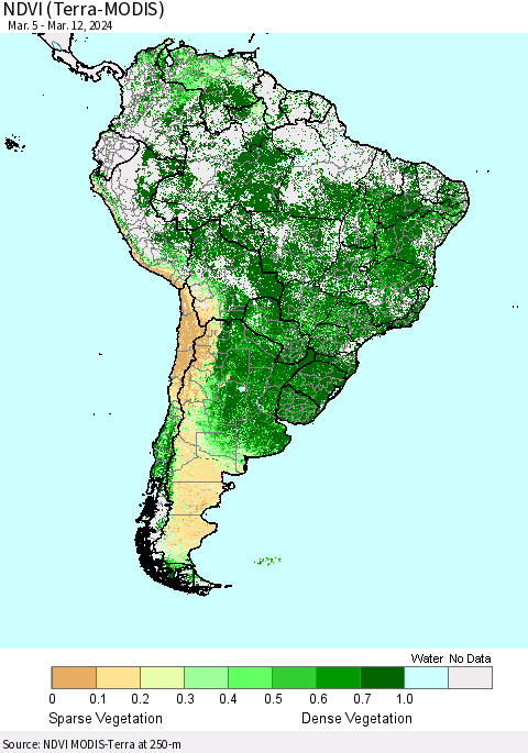 South America NDVI (Terra-MODIS) Thematic Map For 3/5/2024 - 3/12/2024