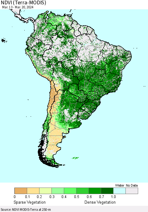 South America NDVI (Terra-MODIS) Thematic Map For 3/13/2024 - 3/20/2024