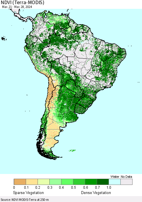South America NDVI (Terra-MODIS) Thematic Map For 3/21/2024 - 3/28/2024