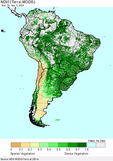 South America NDVI (Terra-MODIS) Thematic Map For 3/29/2024 - 4/5/2024