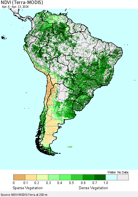 South America NDVI (Terra-MODIS) Thematic Map For 4/6/2024 - 4/13/2024
