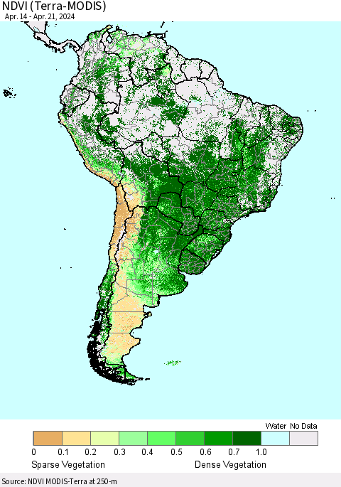South America NDVI (Terra-MODIS) Thematic Map For 4/14/2024 - 4/21/2024