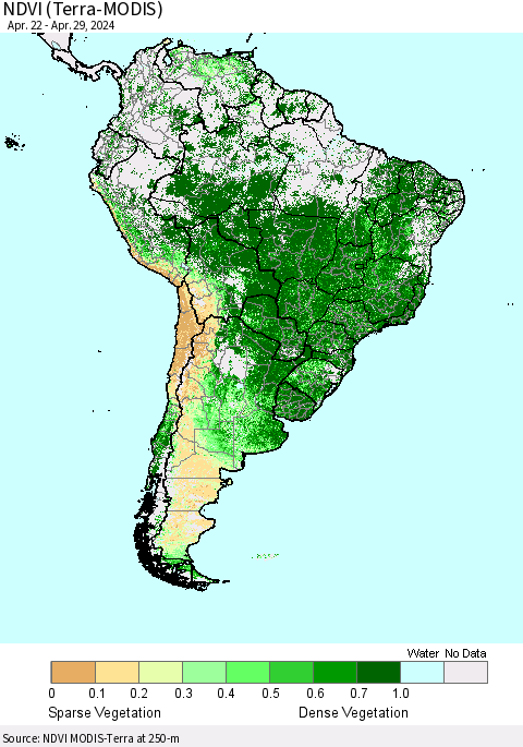 South America NDVI (Terra-MODIS) Thematic Map For 4/22/2024 - 4/29/2024