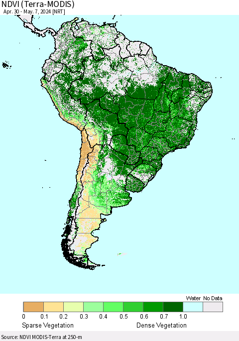 South America NDVI (Terra-MODIS) Thematic Map For 4/30/2024 - 5/7/2024