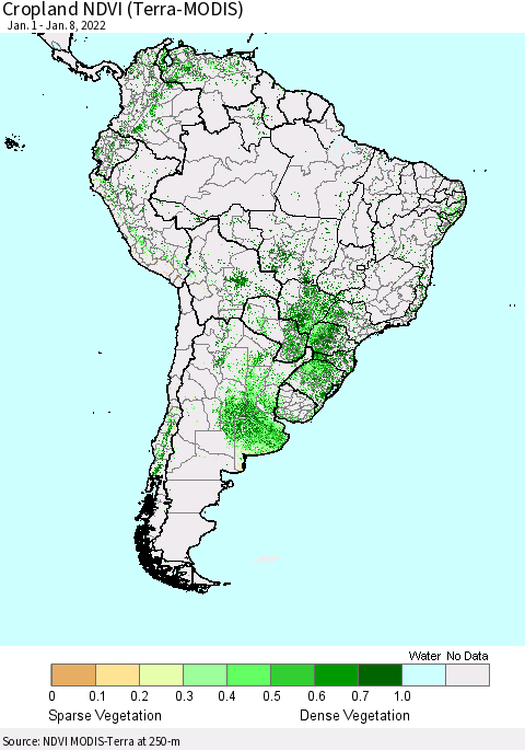 South America Cropland NDVI (Terra-MODIS) Thematic Map For 1/1/2022 - 1/8/2022