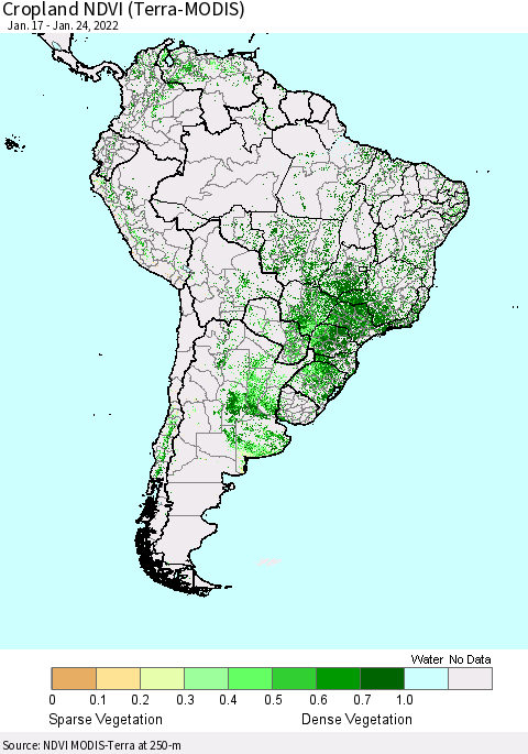 South America Cropland NDVI (Terra-MODIS) Thematic Map For 1/17/2022 - 1/24/2022
