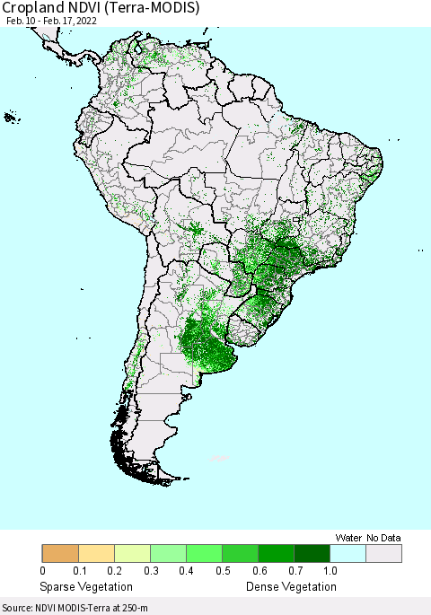 South America Cropland NDVI (Terra-MODIS) Thematic Map For 2/10/2022 - 2/17/2022