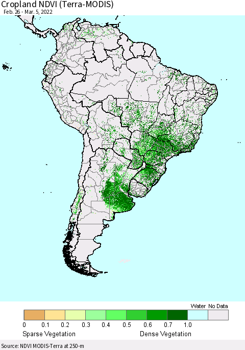 South America Cropland NDVI (Terra-MODIS) Thematic Map For 2/26/2022 - 3/5/2022