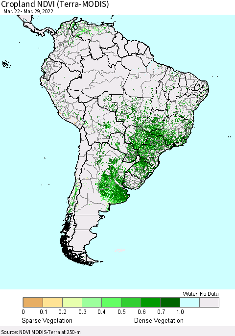 South America Cropland NDVI (Terra-MODIS) Thematic Map For 3/22/2022 - 3/29/2022