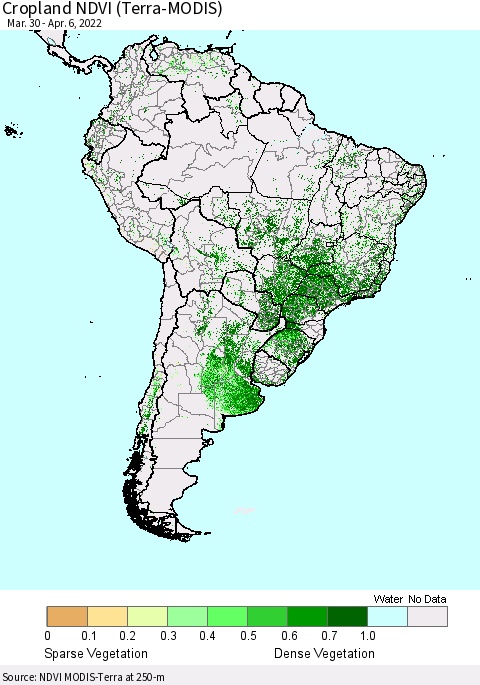 South America Cropland NDVI (Terra-MODIS) Thematic Map For 3/30/2022 - 4/6/2022