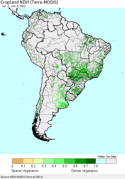 South America Cropland NDVI (Terra-MODIS) Thematic Map For 6/2/2022 - 6/9/2022