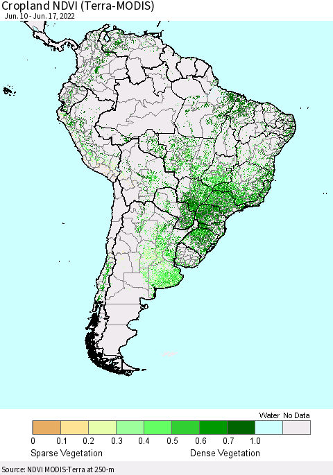South America Cropland NDVI (Terra-MODIS) Thematic Map For 6/10/2022 - 6/17/2022