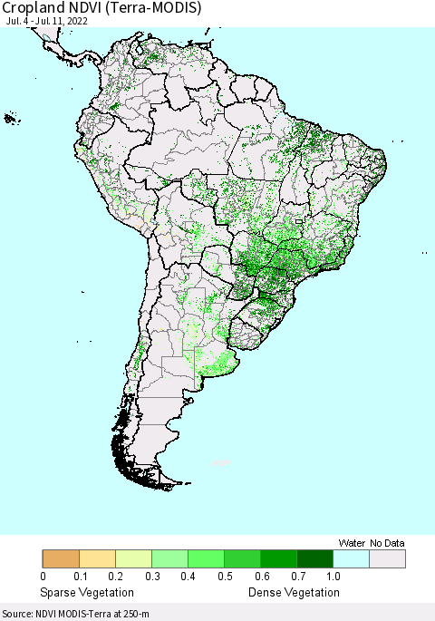 South America Cropland NDVI (Terra-MODIS) Thematic Map For 7/4/2022 - 7/11/2022