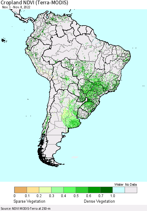 South America Cropland NDVI (Terra-MODIS) Thematic Map For 11/1/2022 - 11/8/2022