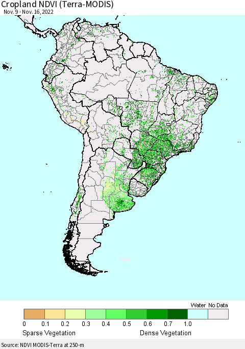 South America Cropland NDVI (Terra-MODIS) Thematic Map For 11/9/2022 - 11/16/2022