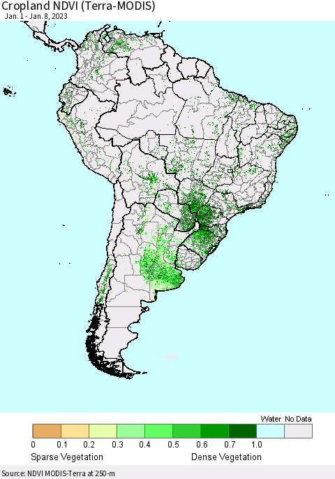 South America Cropland NDVI (Terra-MODIS) Thematic Map For 1/1/2023 - 1/8/2023