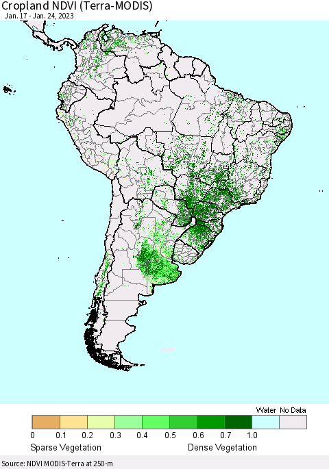 South America Cropland NDVI (Terra-MODIS) Thematic Map For 1/17/2023 - 1/24/2023