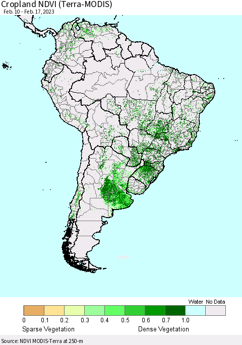 South America Cropland NDVI (Terra-MODIS) Thematic Map For 2/10/2023 - 2/17/2023