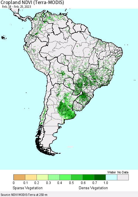 South America Cropland NDVI (Terra-MODIS) Thematic Map For 2/18/2023 - 2/25/2023