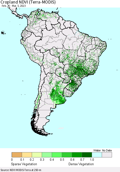South America Cropland NDVI (Terra-MODIS) Thematic Map For 2/26/2023 - 3/5/2023
