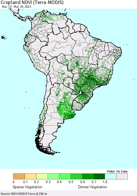 South America Cropland NDVI (Terra-MODIS) Thematic Map For 3/22/2023 - 3/29/2023